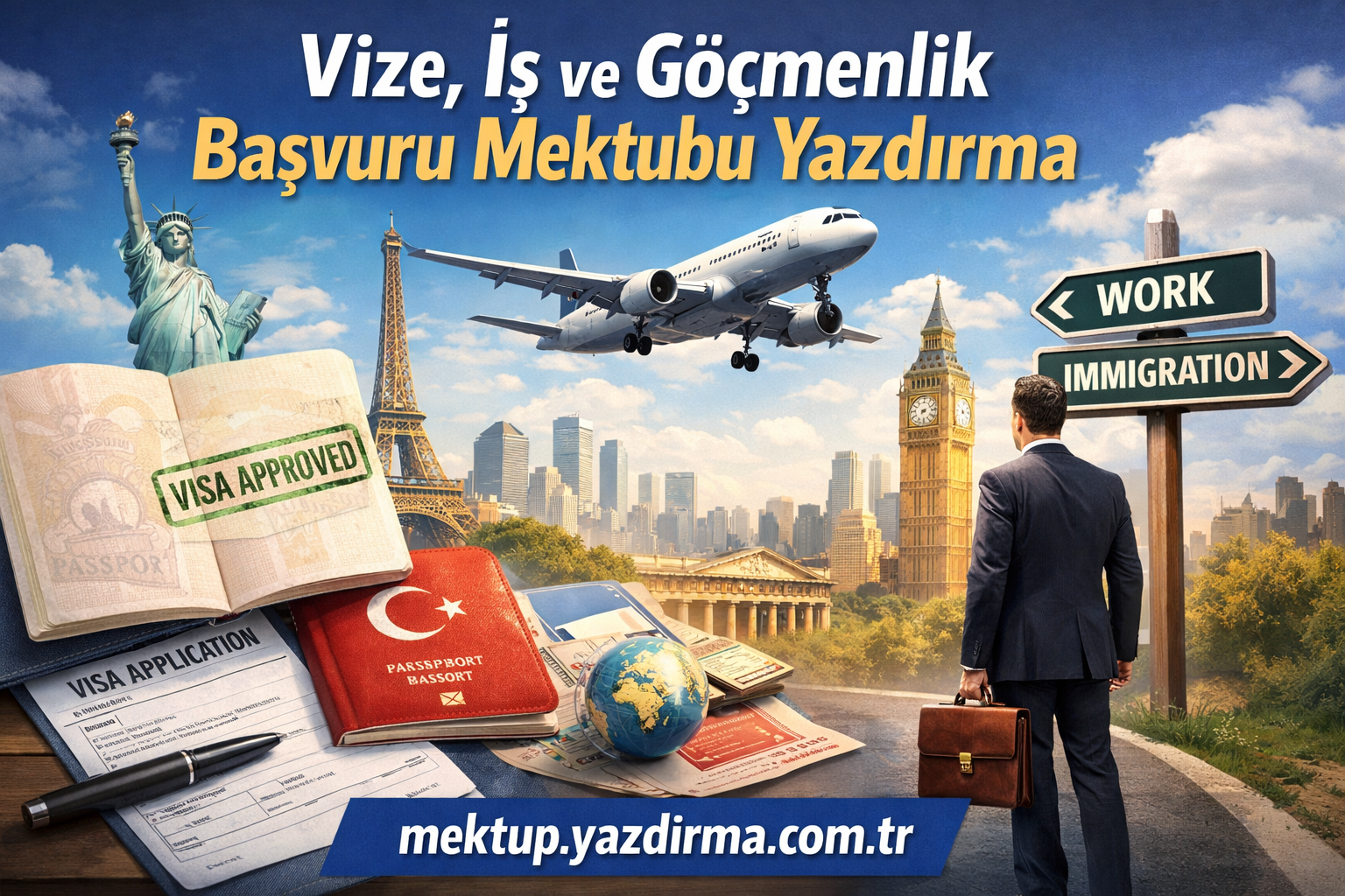 Businessman with a briefcase gazes at a collage of visa documents passports a globe and famous landmarks Statue of Liberty Eiffel Tower Big Ben with a flying airplane in the sky and a WorkImmigration sign