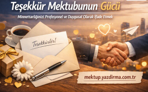 Handshake between two people over a desk with envelopes a handwritten card a pen gift box flower and coffee against a city skylinetheme expressing gratitude