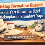 Decorative desk scene advertising a Turkish guide on letter format includes paper envelopes calendar glasses an alarm clock coffee pencils books and a banner with Turkish text