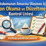 Turkish poster promoting a final read and edit checklist shows a clipboard with checked items magnifying glass coffee cup pen glasses and a stack of books with the URL mektupyazdirmacomtr