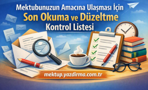 Turkish poster promoting a final read and edit checklist shows a clipboard with checked items magnifying glass coffee cup pen glasses and a stack of books with the URL mektupyazdirmacomtr