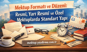 Decorative desk scene advertising a Turkish guide on letter format includes paper envelopes calendar glasses an alarm clock coffee pencils books and a banner with Turkish text