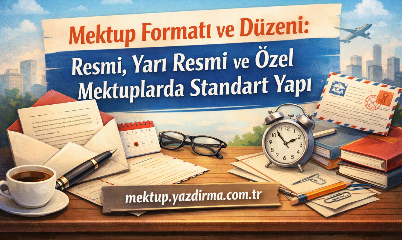 Decorative desk scene advertising a Turkish guide on letter format includes paper envelopes calendar glasses an alarm clock coffee pencils books and a banner with Turkish text