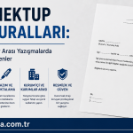 Turkish banner about official letter writing rules with icons for proper structure tone punctuation internal and interinstitution communication plus a sample letter on a desk