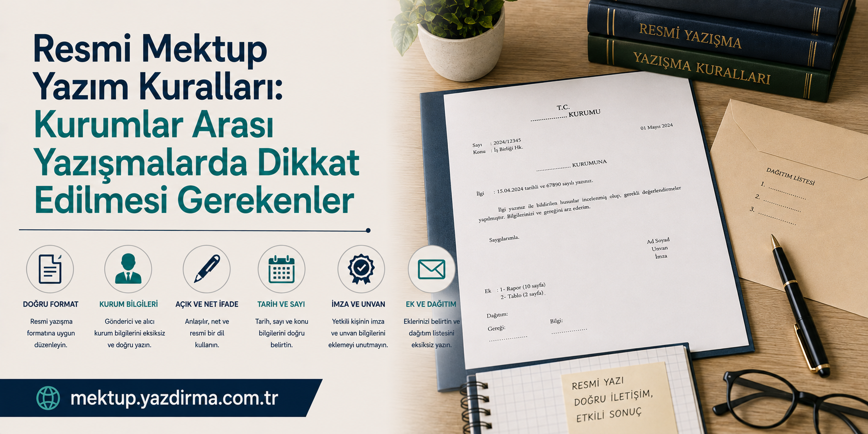 Turkish poster about official letter writing rules large bold title on the left icons representing steps and a desk with documents on the right