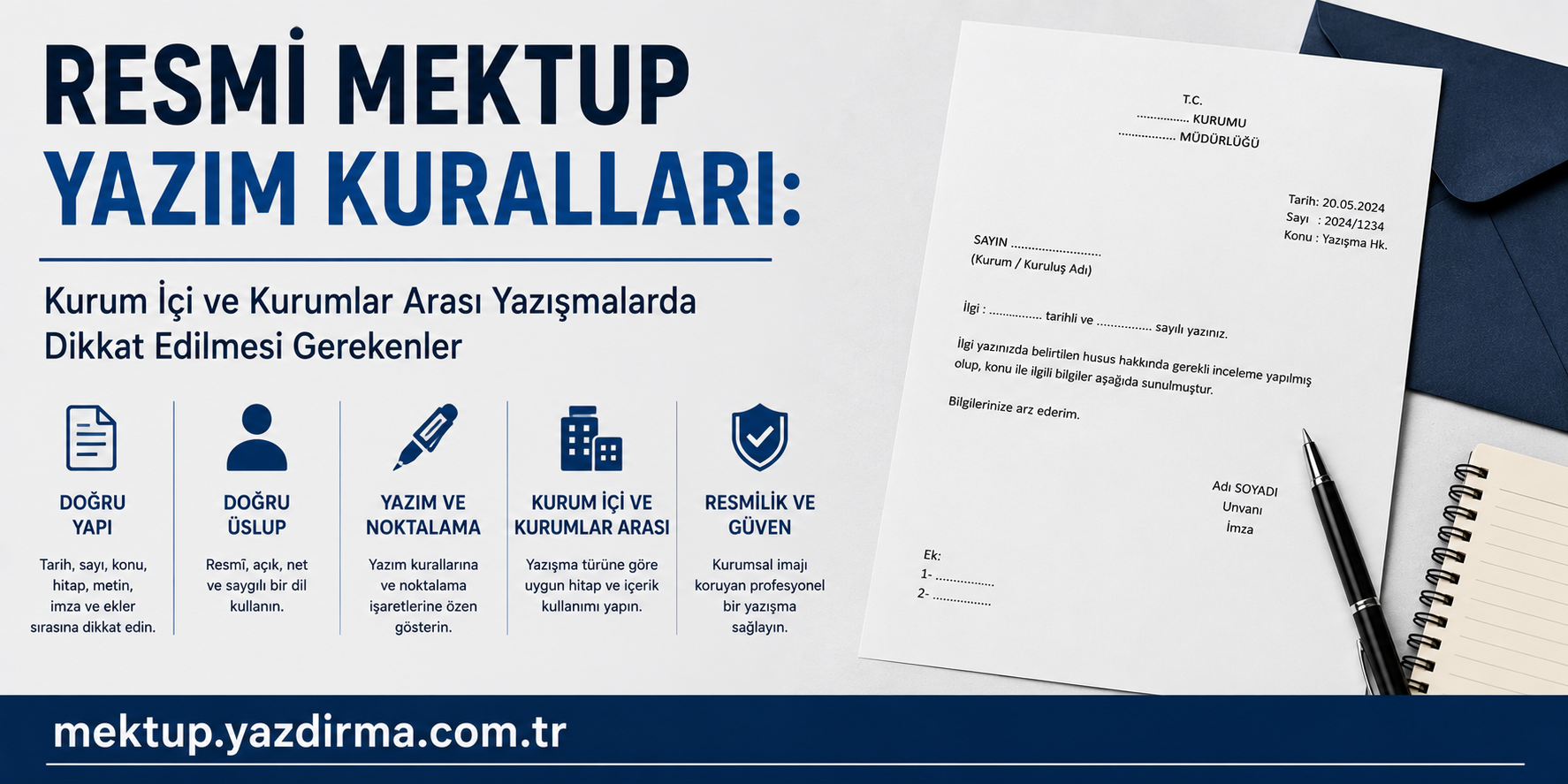 Turkish banner about official letter writing rules with icons for proper structure tone punctuation internal and interinstitution communication plus a sample letter on a desk