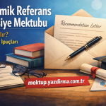 Turkish language cover about writing recommendation letters showing an envelope with a document pen globe graduation cap books glasses and charts on a desk