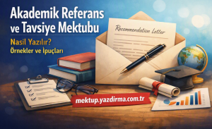 Turkish language cover about writing recommendation letters showing an envelope with a document pen globe graduation cap books glasses and charts on a desk