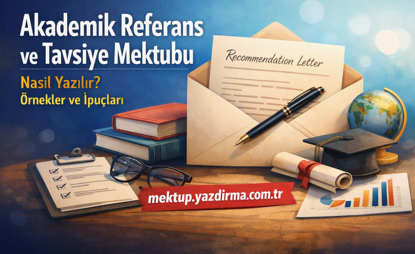 Turkish language cover about writing recommendation letters showing an envelope with a document pen globe graduation cap books glasses and charts on a desk
